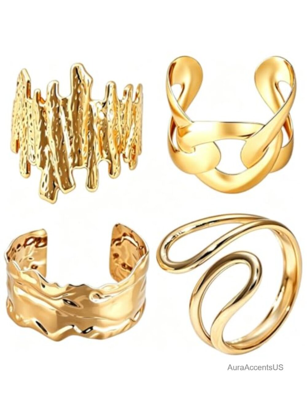 4 Piece Gold Tone Cuff Bracelet Set Adjustable Open Bangle Sculptural Wide